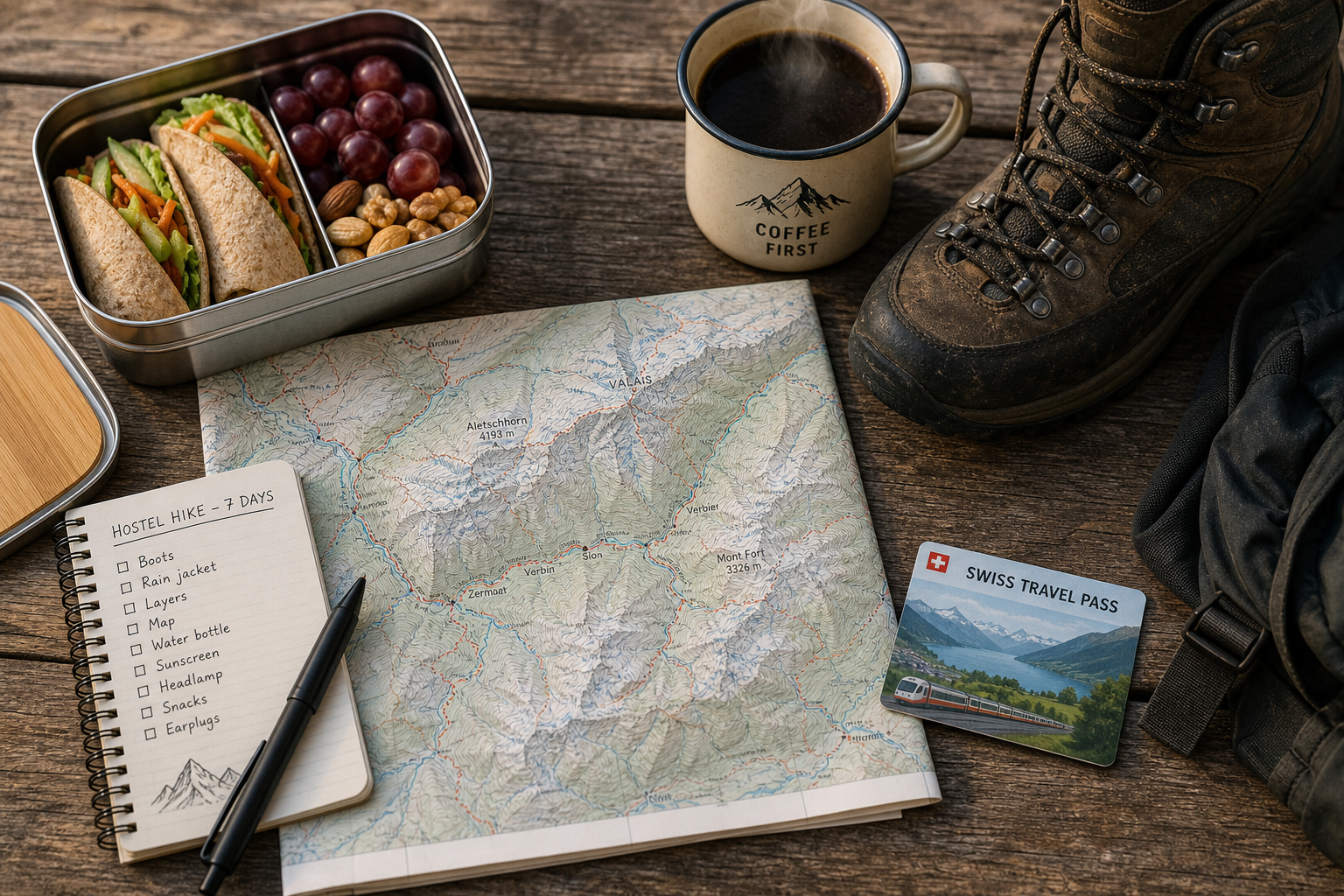 A flat-lay of essential gear and provisions for a day trip out from a Swiss hiking hostel.