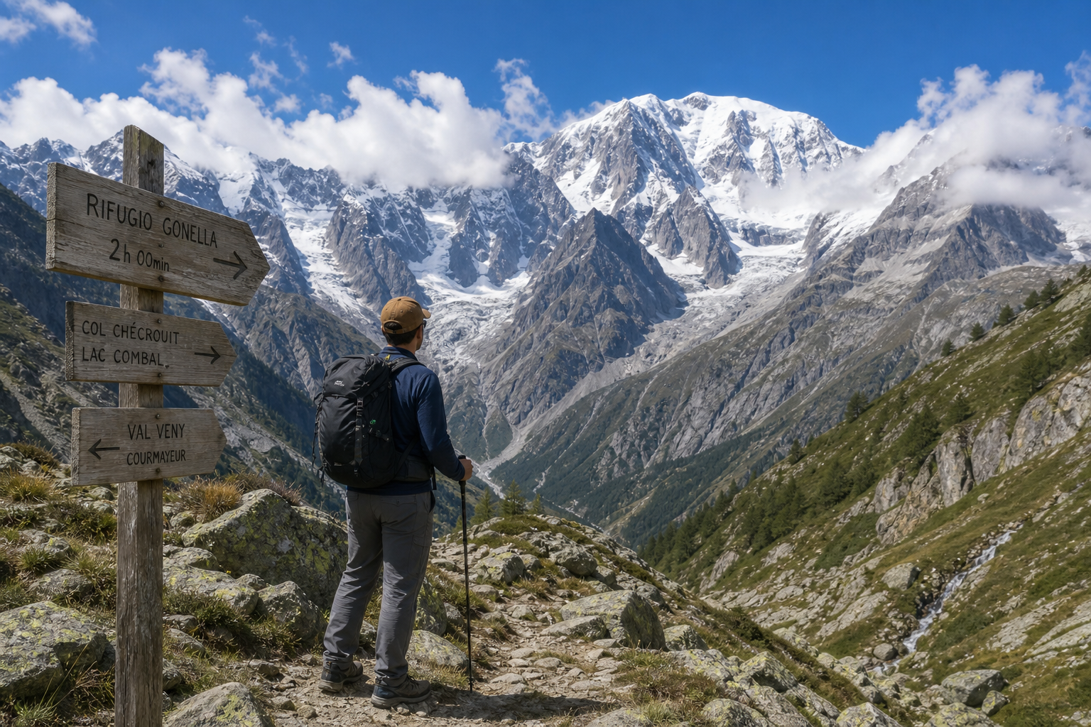 A hiker looking up at the rugged Italian side of the Mont Blanc massif from the Aosta Valley.