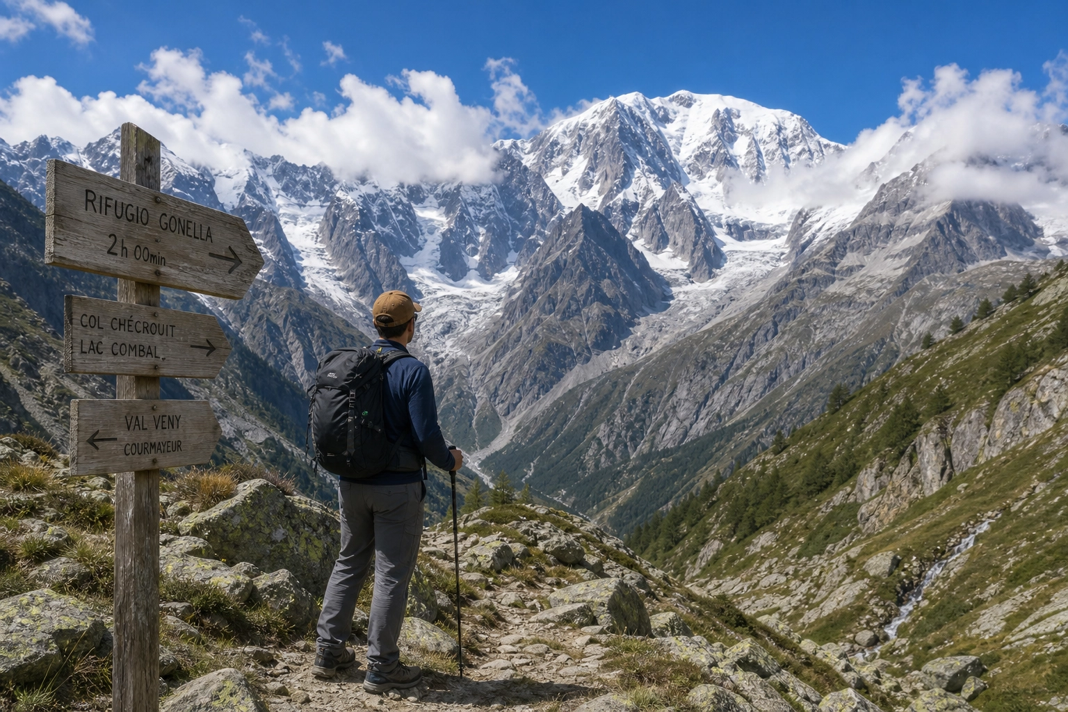 A hiker looking up at the rugged Italian side of the Mont Blanc massif from the Aosta Valley.