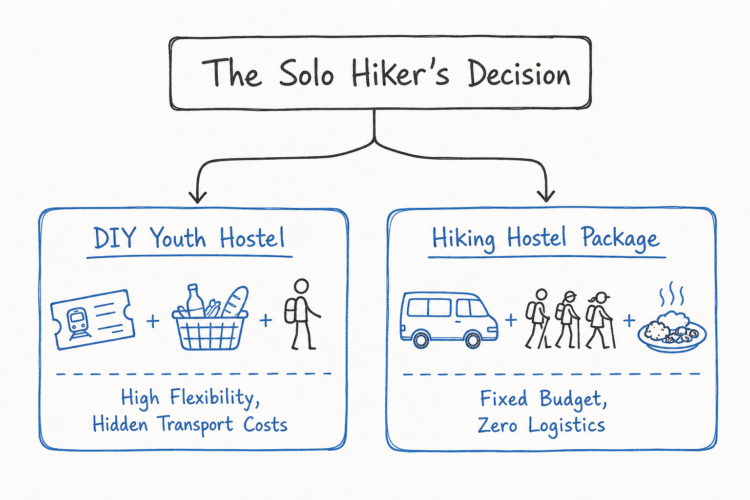 Decision matrix comparing DIY Swiss Youth Hostels to all-inclusive Hiking Hostel packages