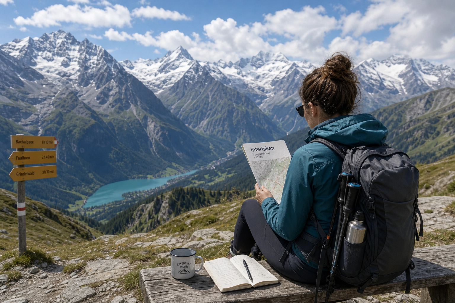 A solo backpacker looking at a trail map near a Swiss mountain hostel in the Alps.