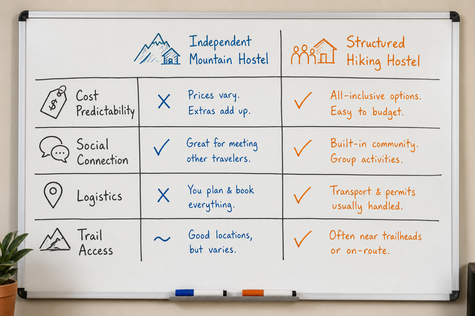 Whiteboard comparison matrix showing the differences between independent mountain hostels and structured hiking hostels