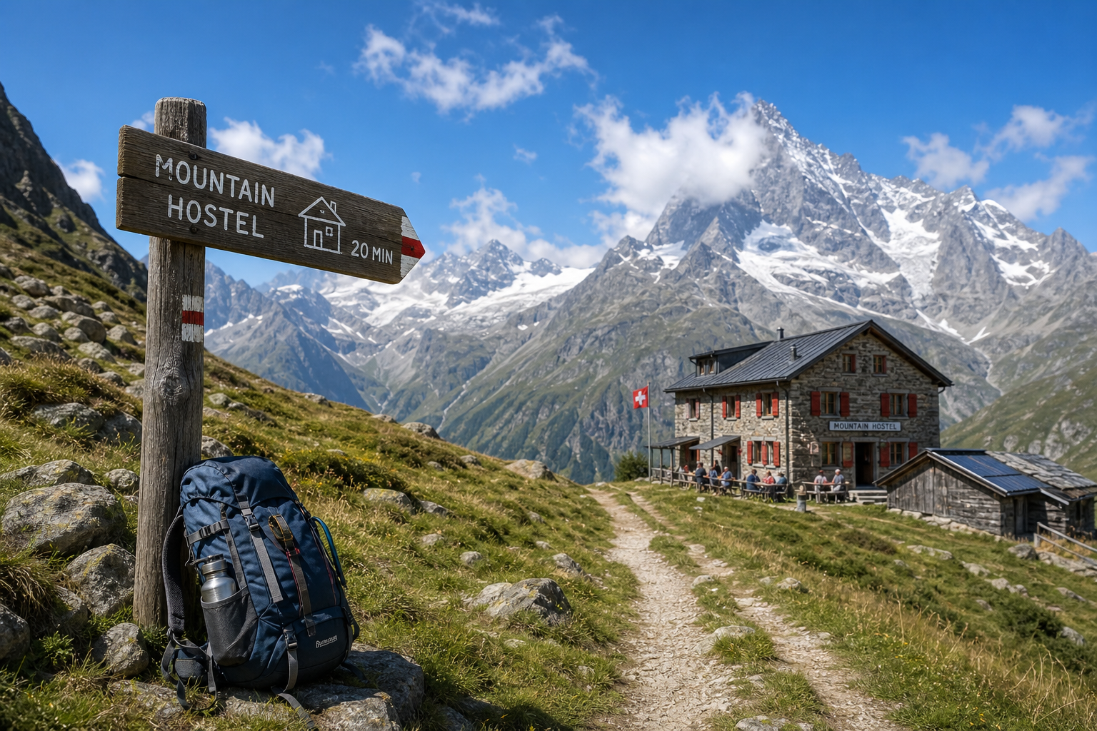 Hikers walking on a scenic trail in the Swiss Alps with mountain peaks in the background