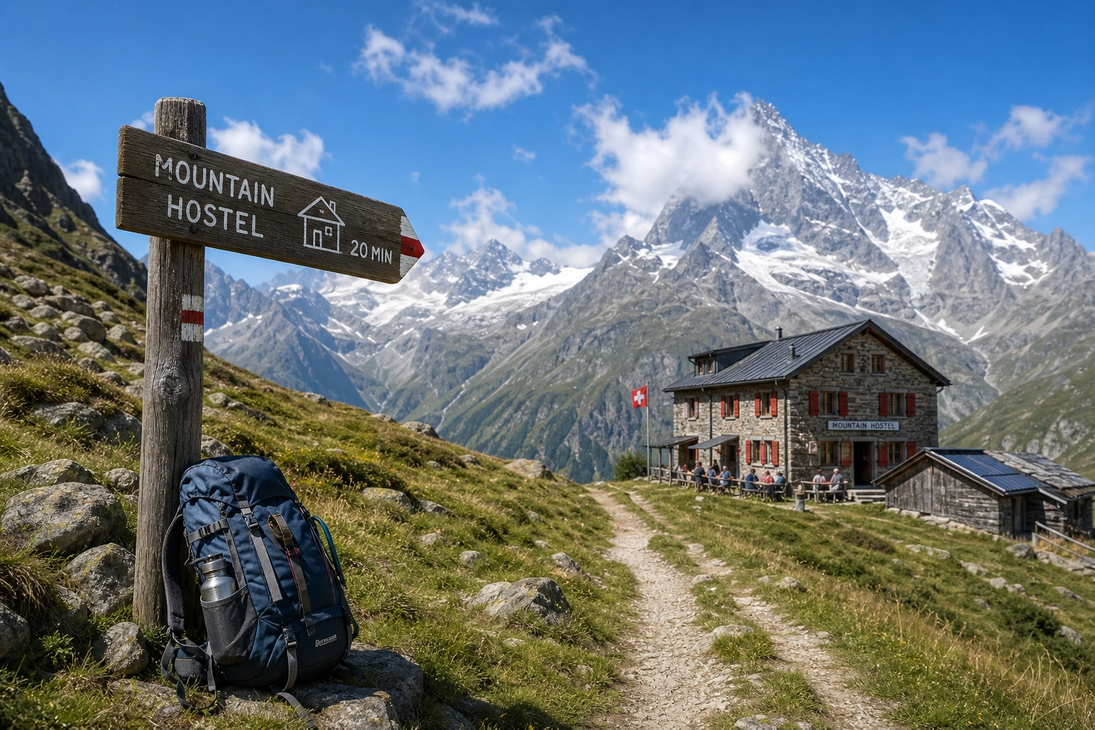 Hikers walking on a scenic trail in the Swiss Alps with mountain peaks in the background