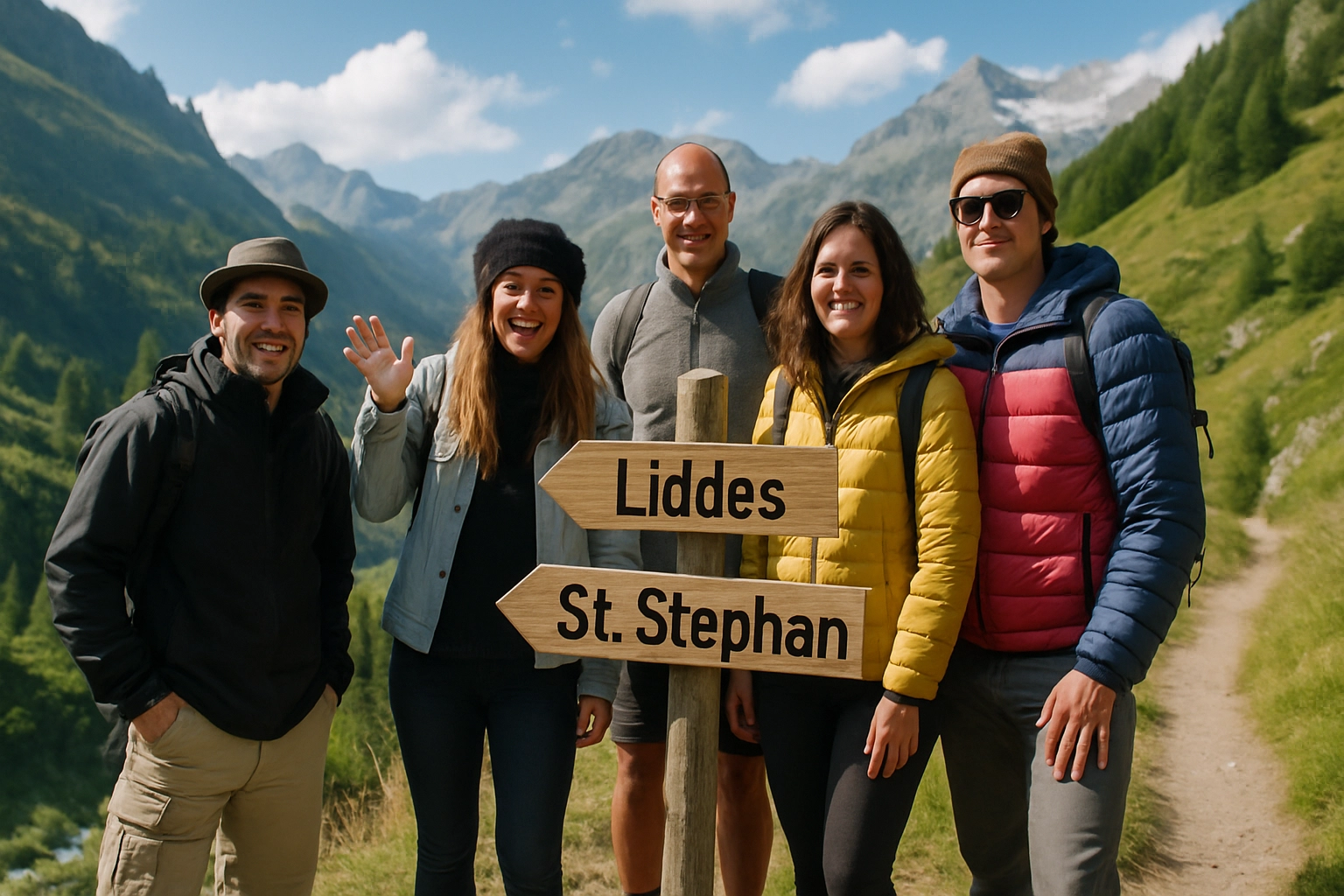 A group of hikers sitting together on a rocky alpine outcrop overlooking a Swiss valley, sharing snacks and looking at a map.