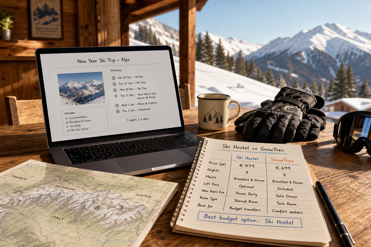 Comparison of budget ski trip options in the snowy European Alps during New Year week