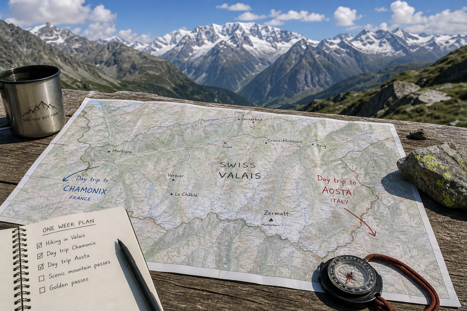 Hiker looking out over panoramic mountain ranges in the Swiss Valais region near the French and Italian borders.
