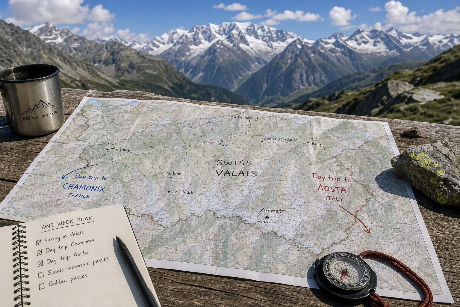 Hiker looking out over panoramic mountain ranges in the Swiss Valais region near the French and Italian borders.