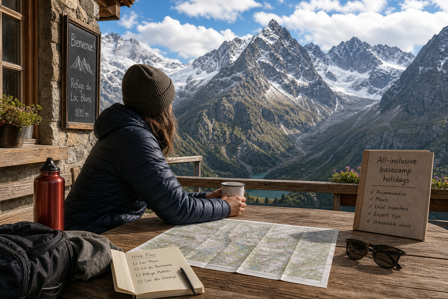 Solo backpacker looking at the Swiss Alps from a mountain trail