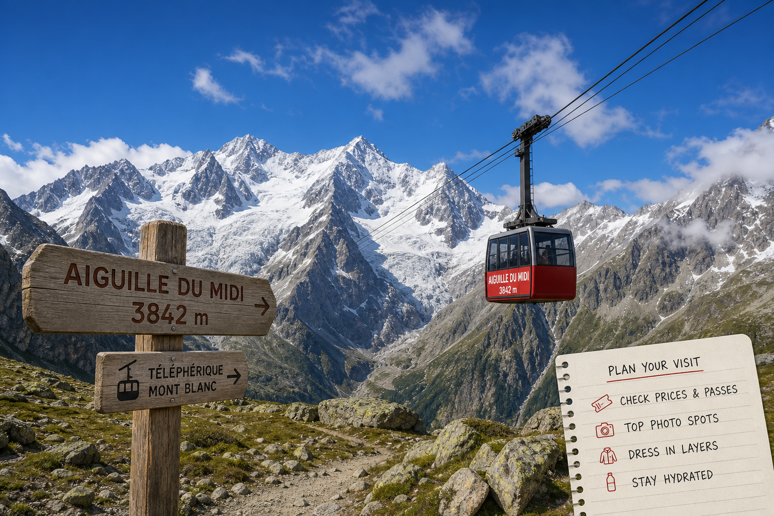Aiguille du Midi cable car ascending toward the snow-capped peaks of Mont Blanc