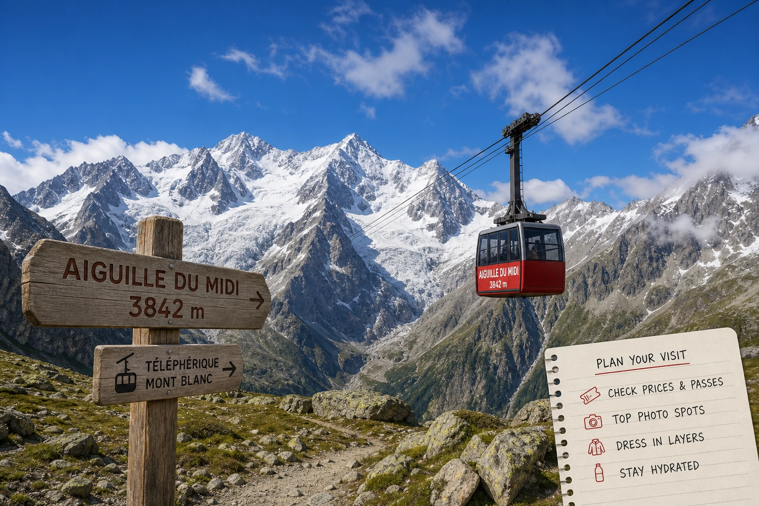 Aiguille du Midi cable car ascending toward the snow-capped peaks of Mont Blanc