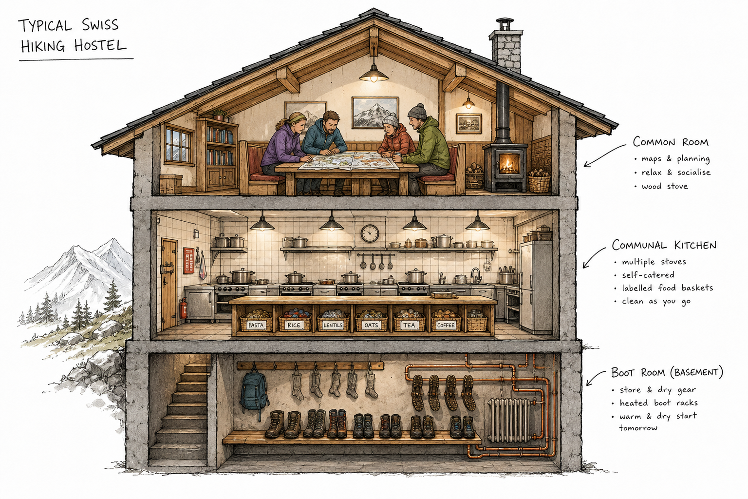 Cross-section diagram of a Swiss hiking hostel showing the boot room, communal kitchen, and social area