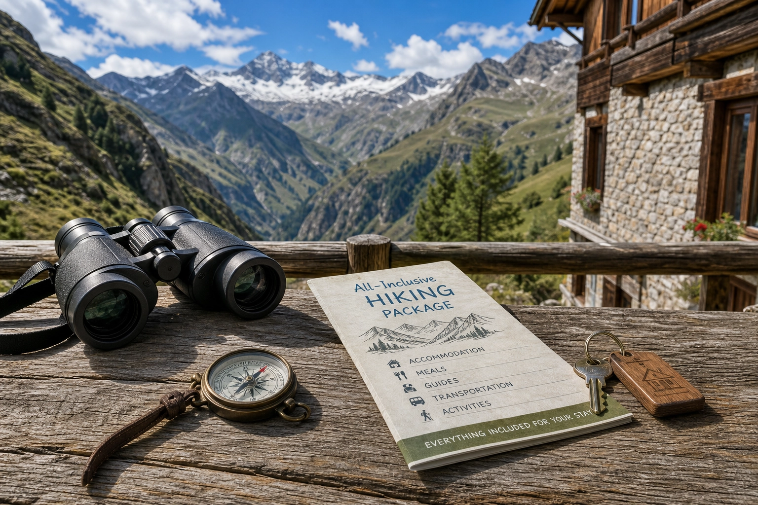A diverse group of hikers gathered around a wooden table at an alpine lodge, examining a topographical map.