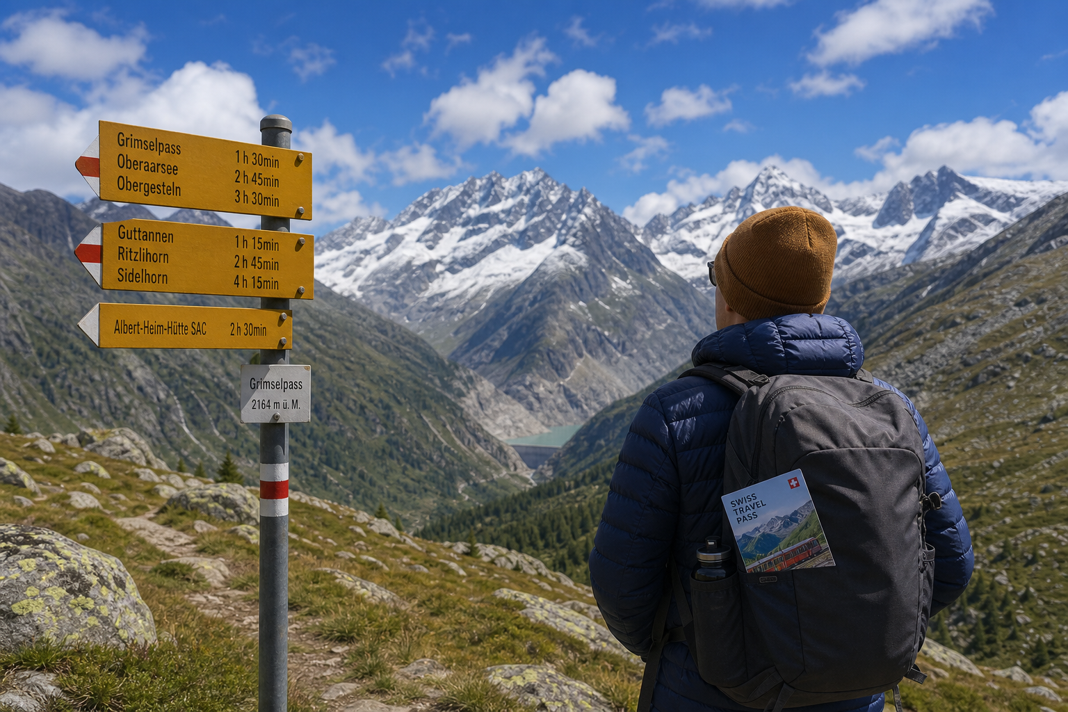 A hiker looking at a Swiss trail signpost against a dramatic alpine mountain backdrop.