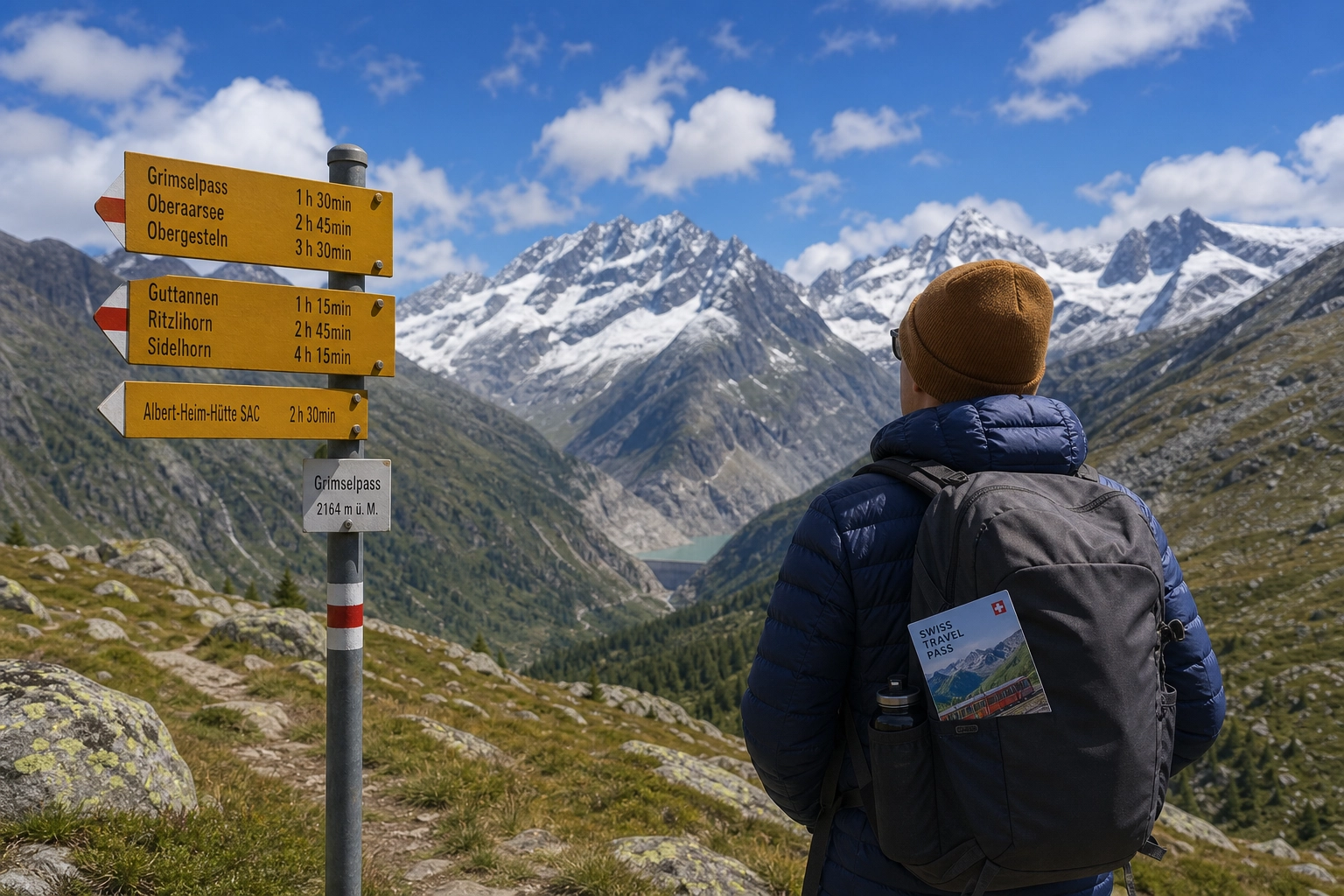 A hiker looking at a Swiss trail signpost against a dramatic alpine mountain backdrop.