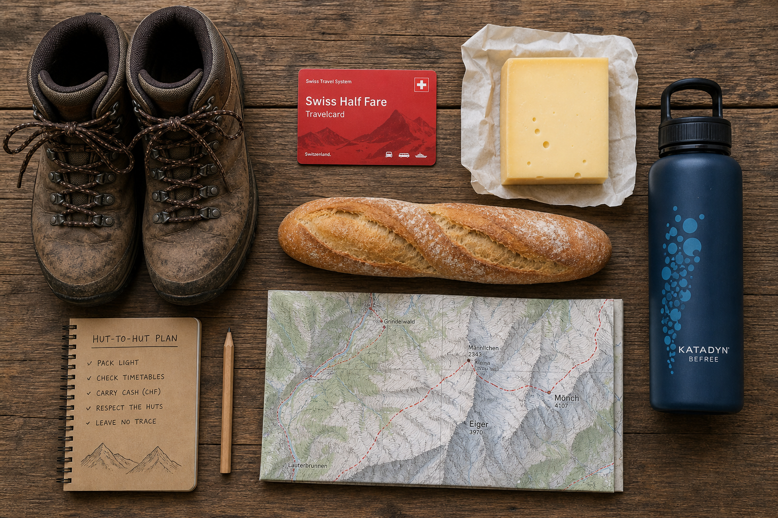 Flat lay of budget hiking essentials including a water filter, supermarket lunch, map, and travelcard.