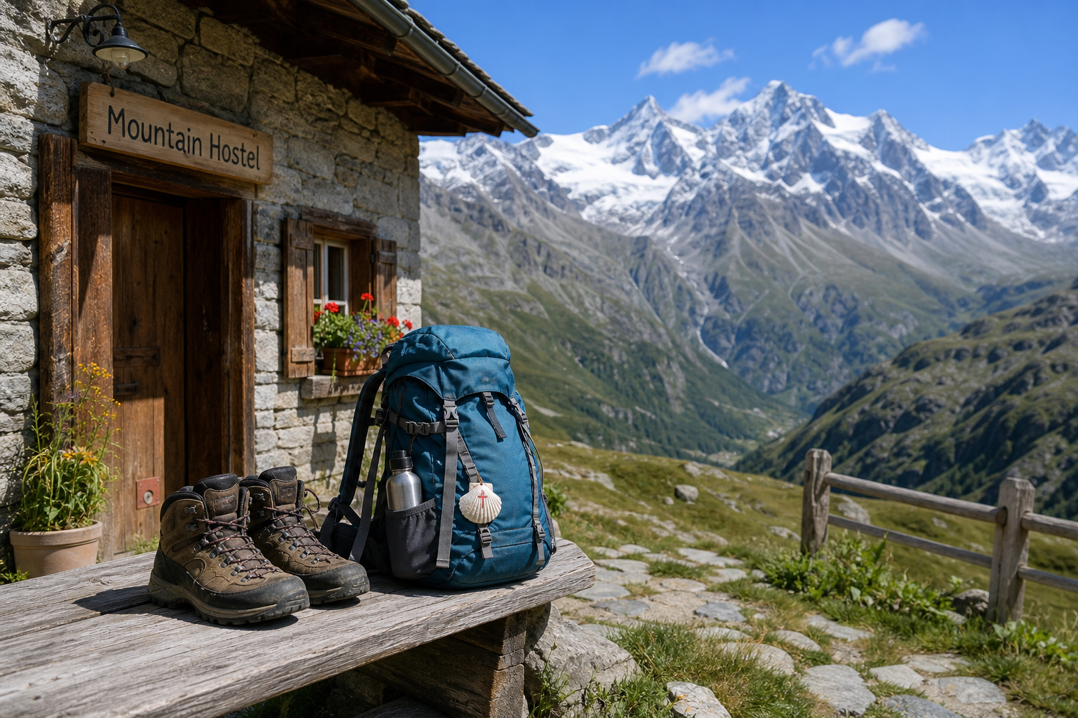 A solo backpacker standing on a Swiss alpine trail looking toward a mountain hostel in the valley