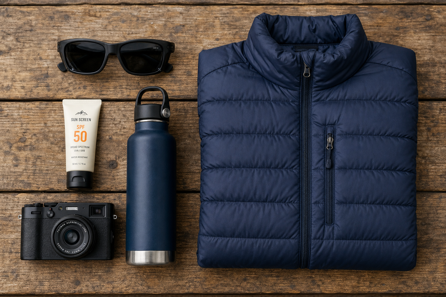Flat lay of essential packing items for riding a high-altitude alpine cable car