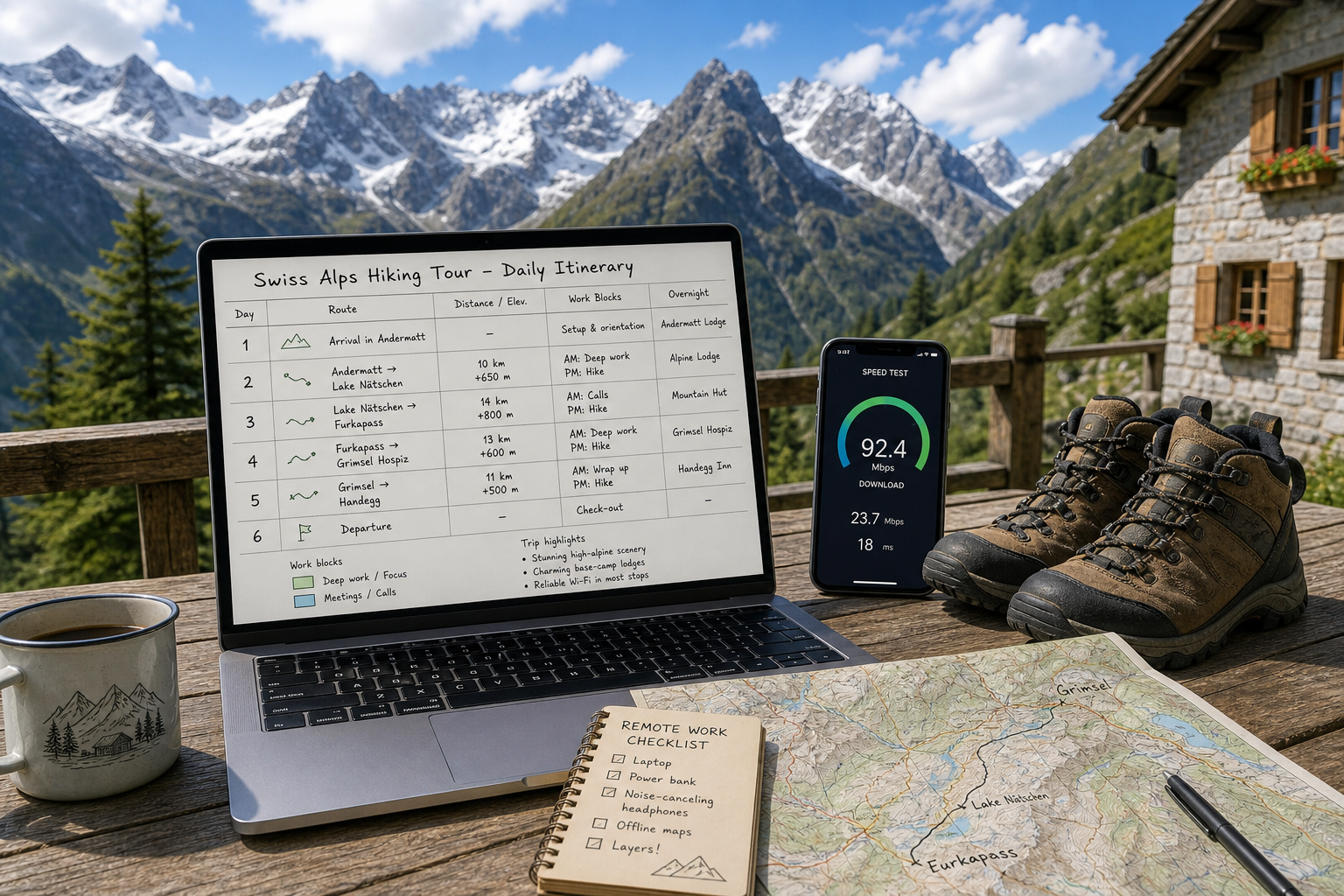 A remote worker typing on a laptop at a wooden balcony table overlooking sunny Swiss alpine mountain peaks.