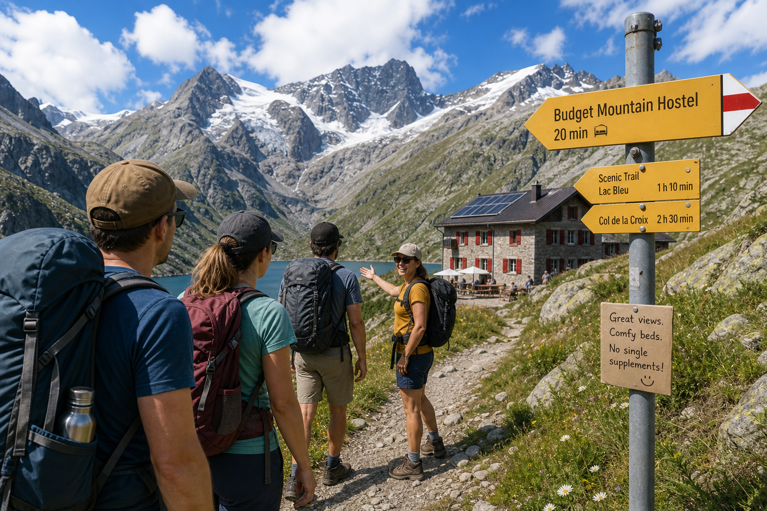 Solo hiker with a backpack looking over a vibrant green Swiss alpine valley.