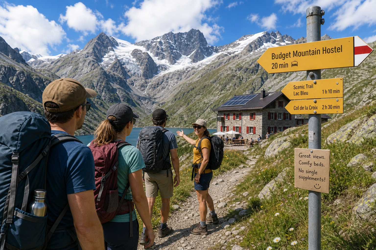 Solo hiker with a backpack looking over a vibrant green Swiss alpine valley.