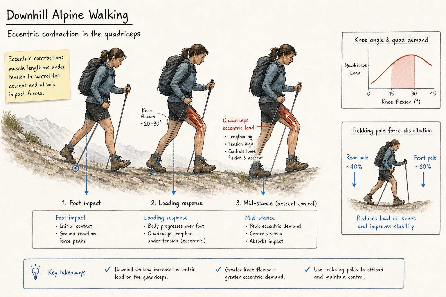 Anatomical diagram explaining eccentric quadriceps strain during downhill hiking