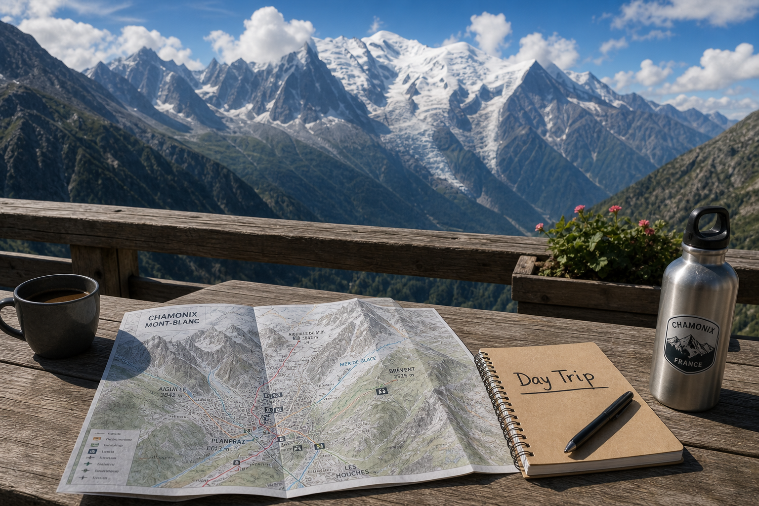 A sweeping view of Mont Blanc and the Aiguille du Midi cable car rising above the Chamonix valley.