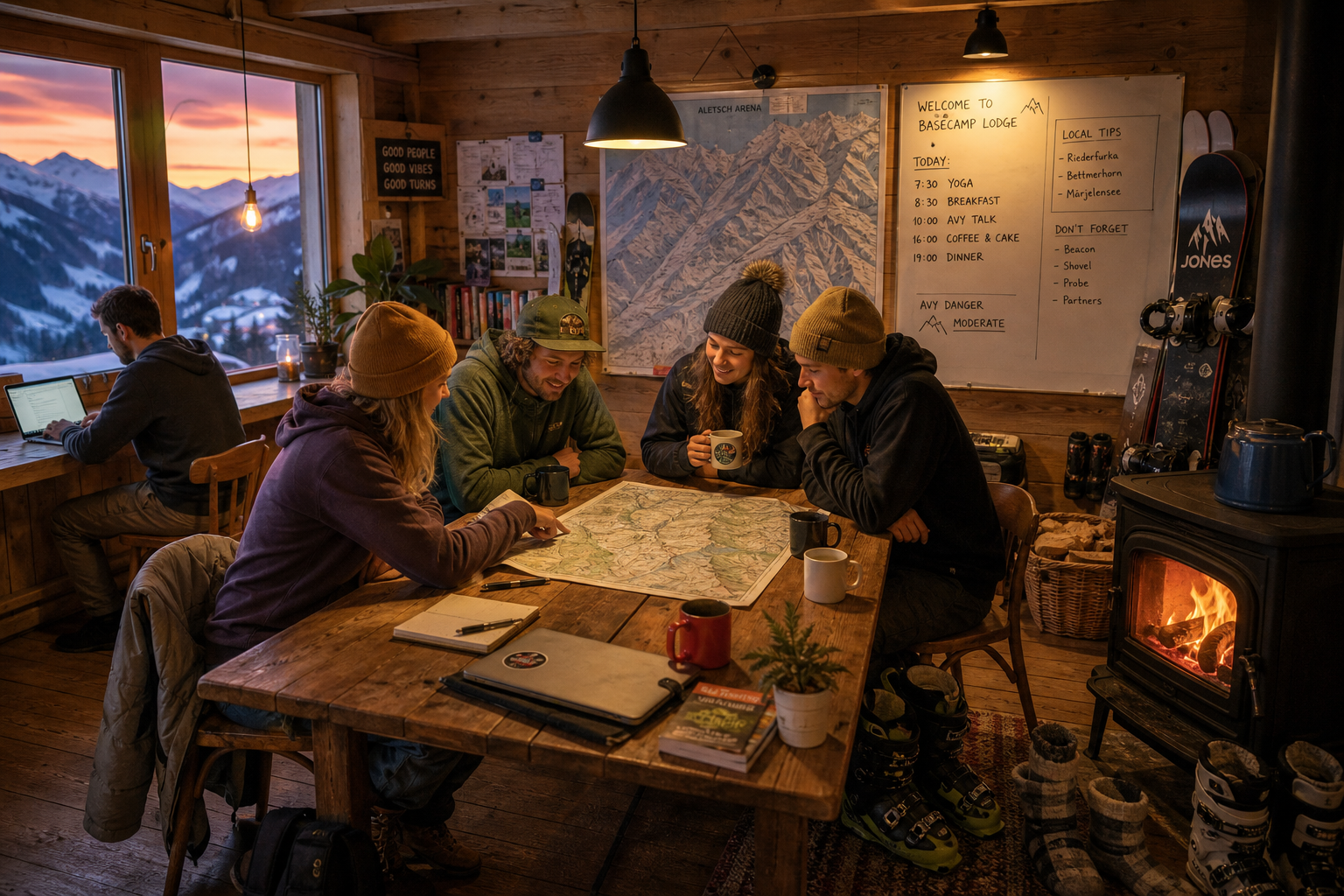 Communal lounge in a Valais ski hostel with skiers socializing by a wood stove and remote workers at timber desks.