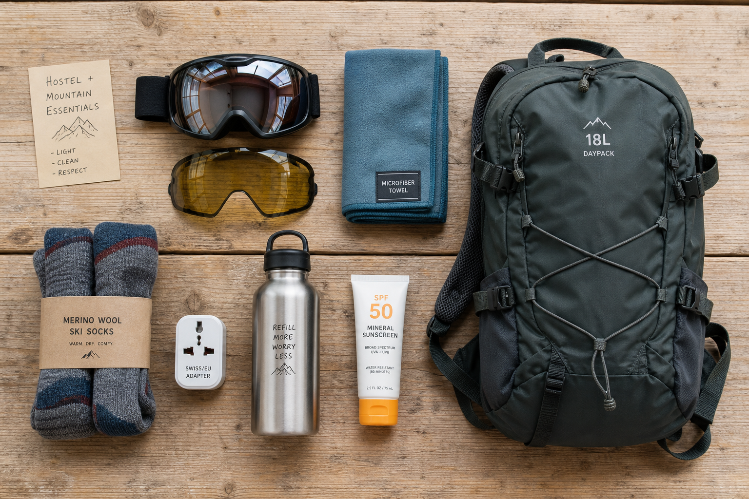 Top-down flatlay of essential ski hostel gear including goggles, ski socks, European adapter, and sunscreen.