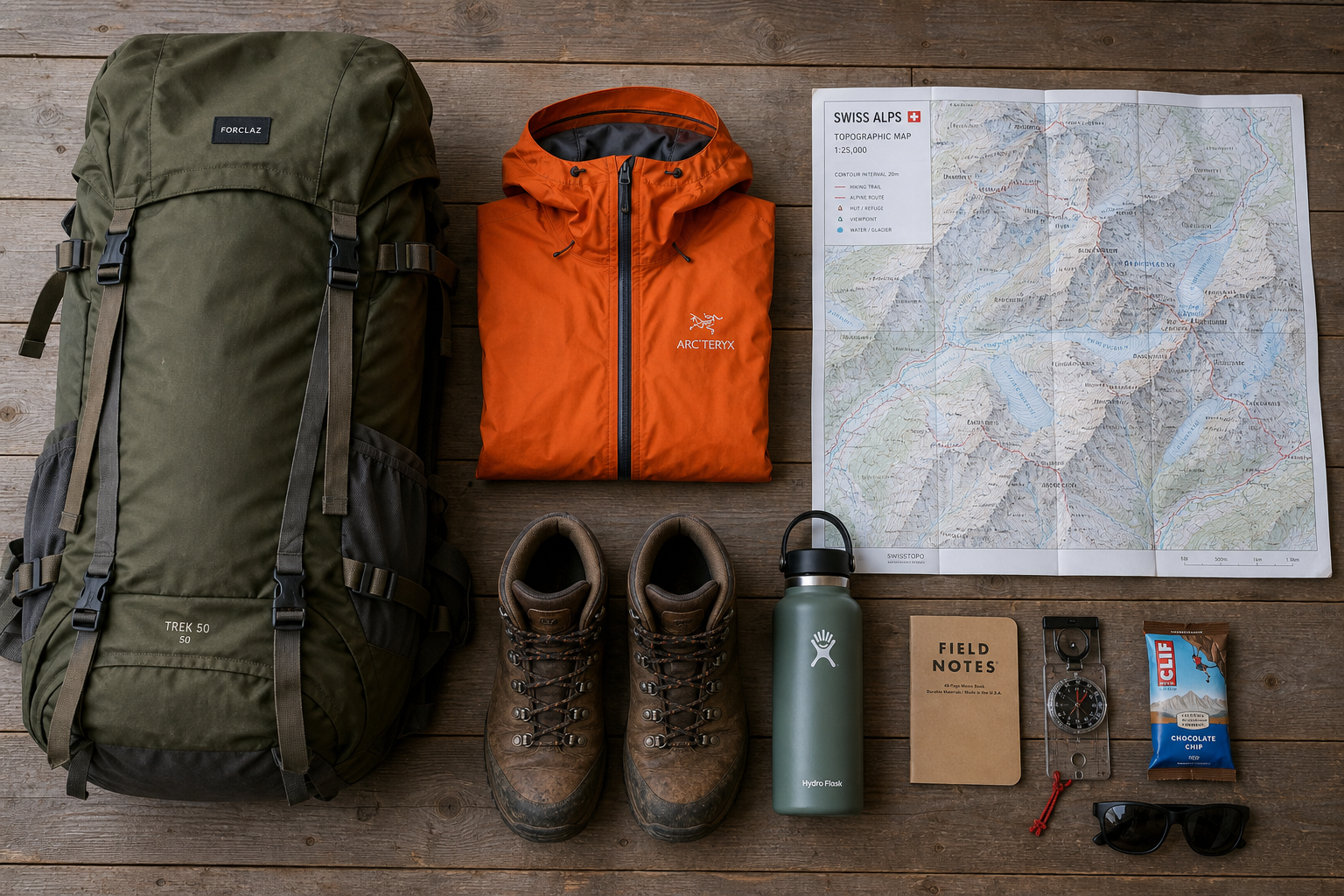 Flat-lay composition of essential hiking gear for a Swiss alpine basecamp