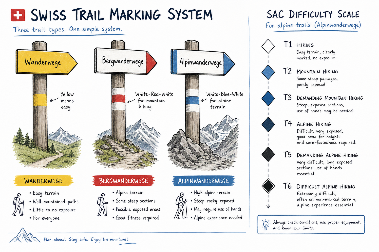 Diagram showing Swiss trail signpost categories and SAC difficulty rating scale