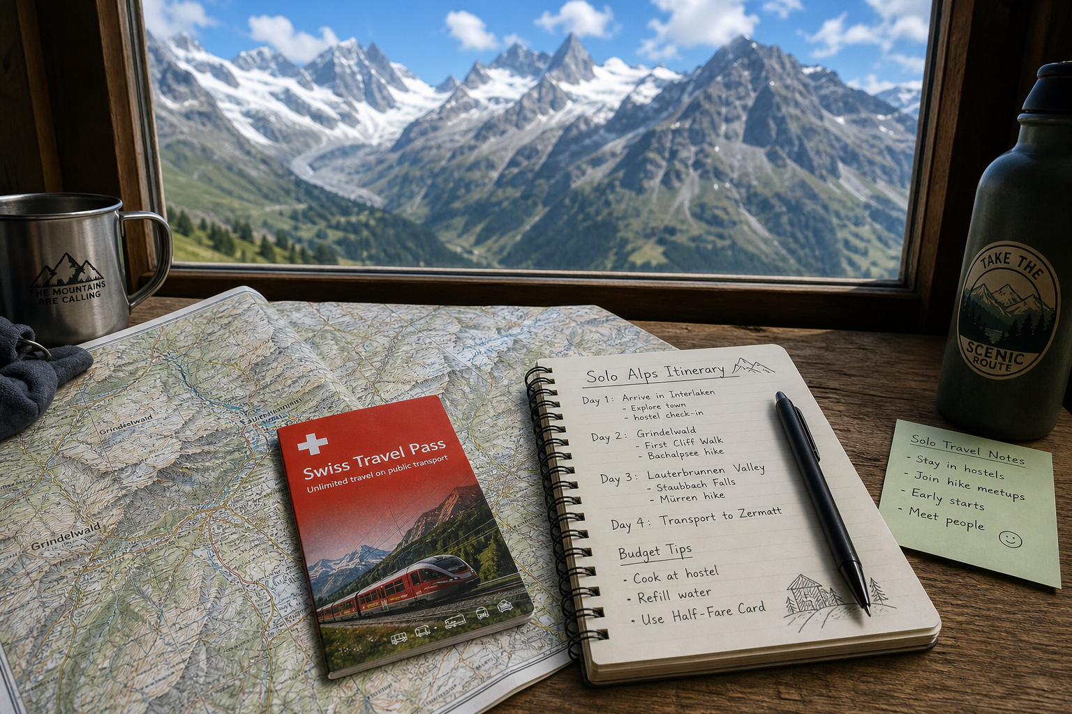 A well-used hiking map of the Swiss Alps laid on a wooden hostel table next to a compass and a cup of coffee.