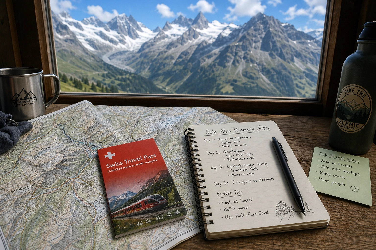 A well-used hiking map of the Swiss Alps laid on a wooden hostel table next to a compass and a cup of coffee.