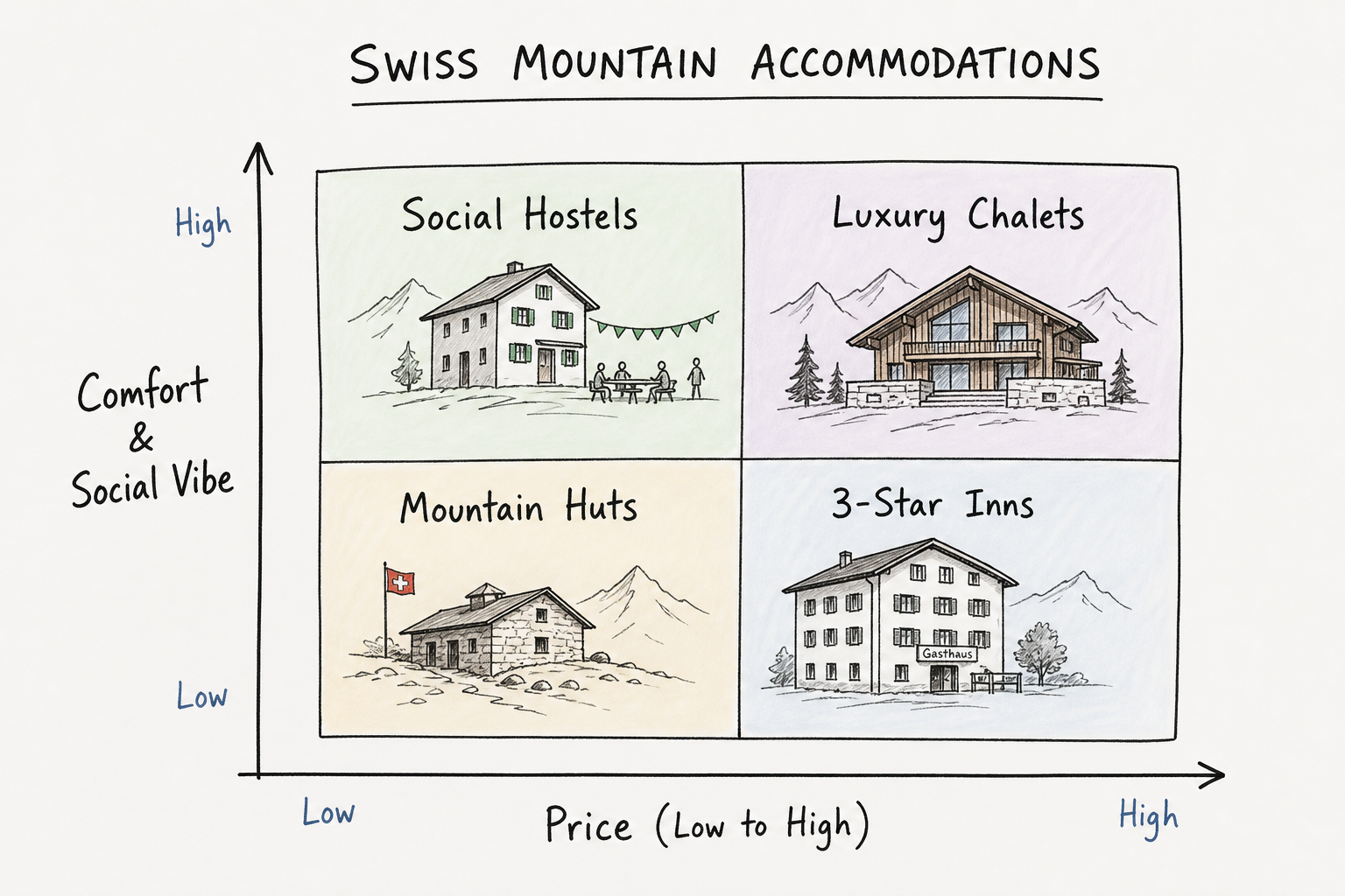 Decision matrix comparing Swiss mountain accommodations based on price and comfort