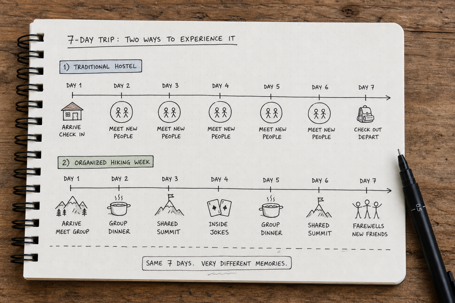 Timeline sketch showing social progression at a traditional hostel versus a week-long organized hiking trip
