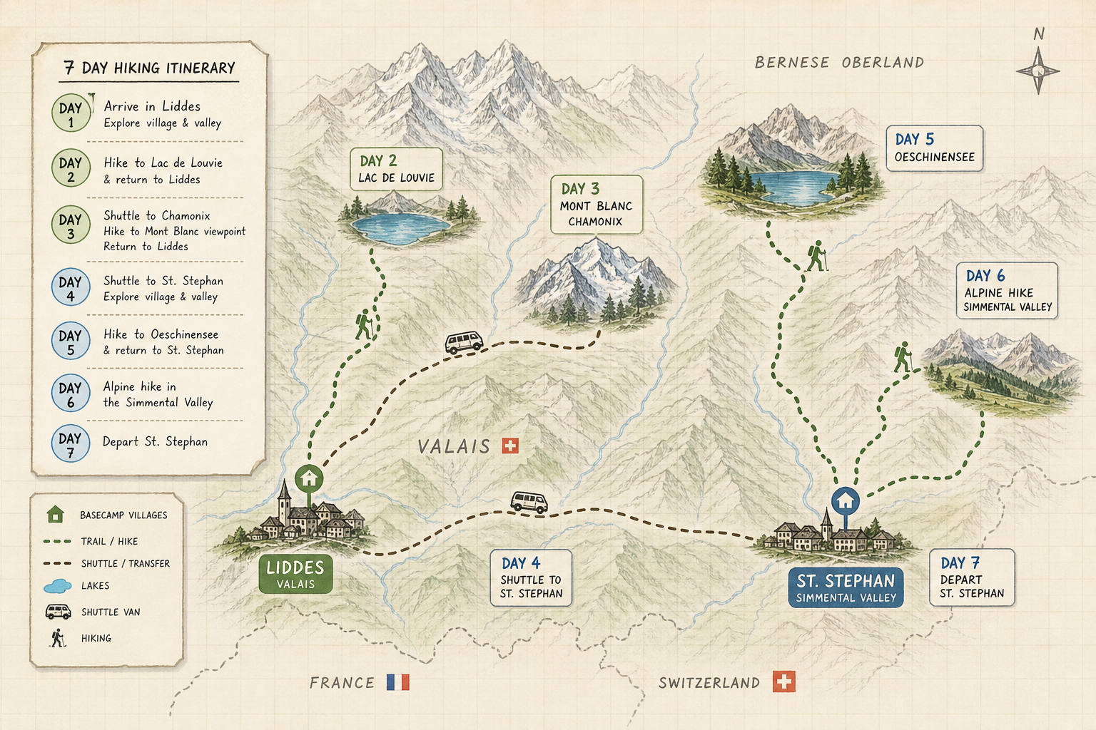 Illustrated 7-day Swiss Alps hiking itinerary map featuring Valais and Bernese Oberland basecamps.
