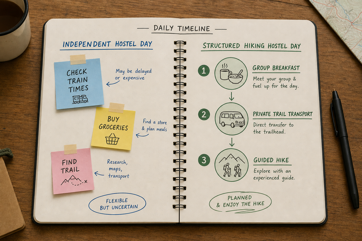 Split timeline graphic comparing a typical day in a standard hostel versus a structured hiking hostel
