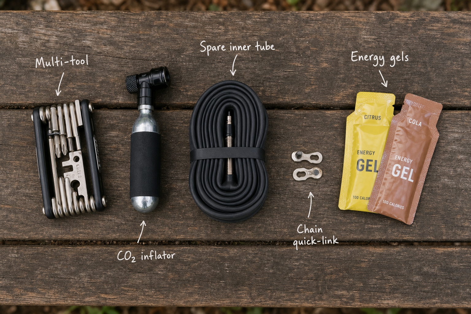 Flatlay photograph of essential mountain bike tools and gear on a wooden bench