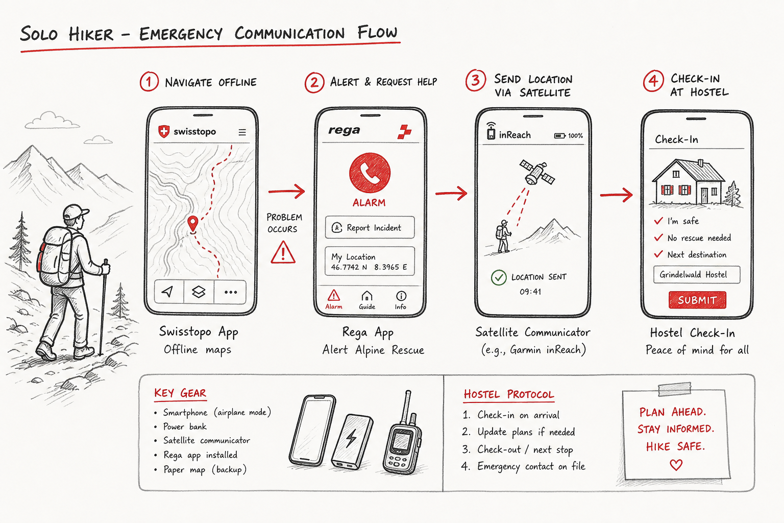 Emergency navigation and communication setup flowchart for solo alpine hikers