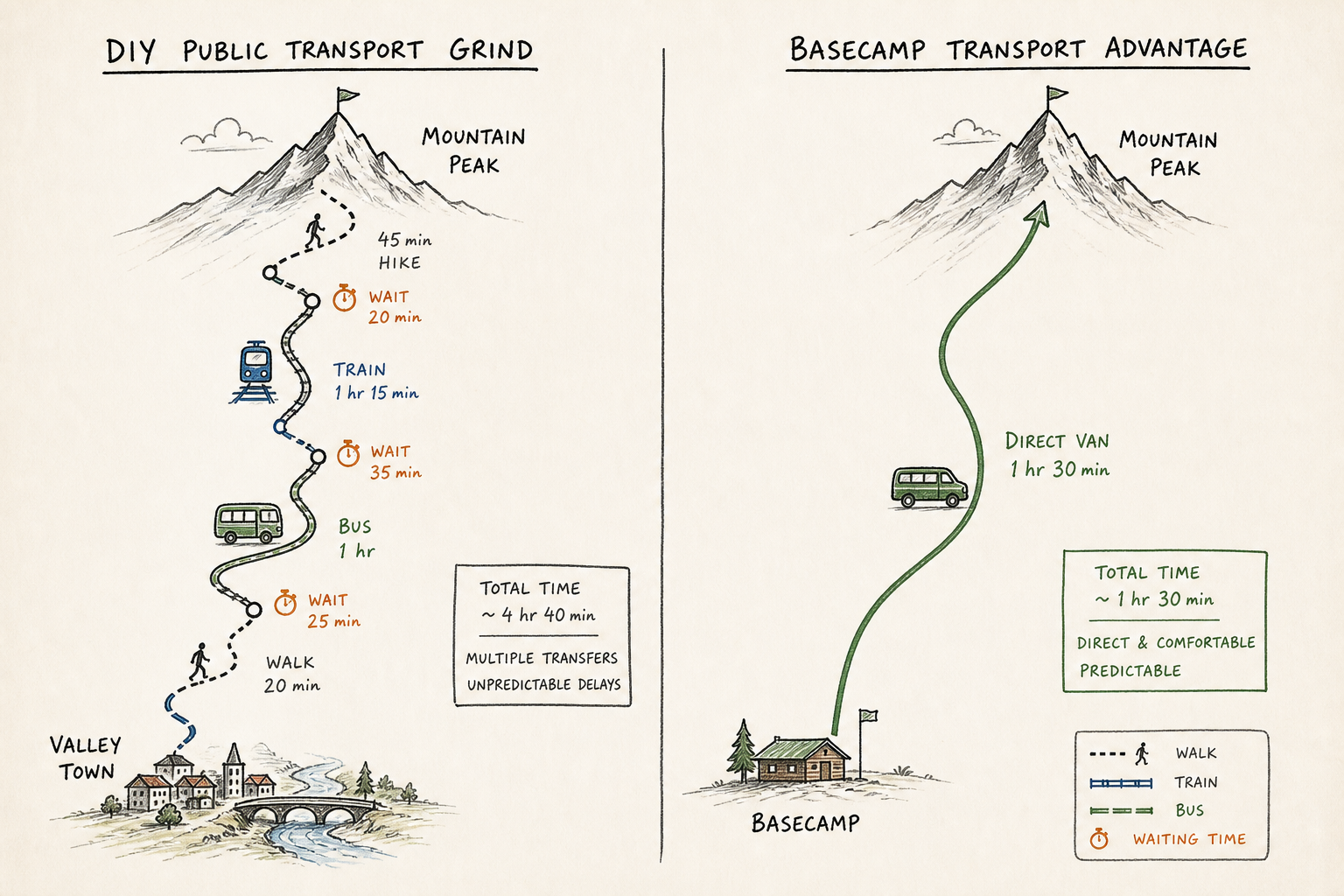 Logistics diagram showing the time savings of private basecamp transport versus public transport