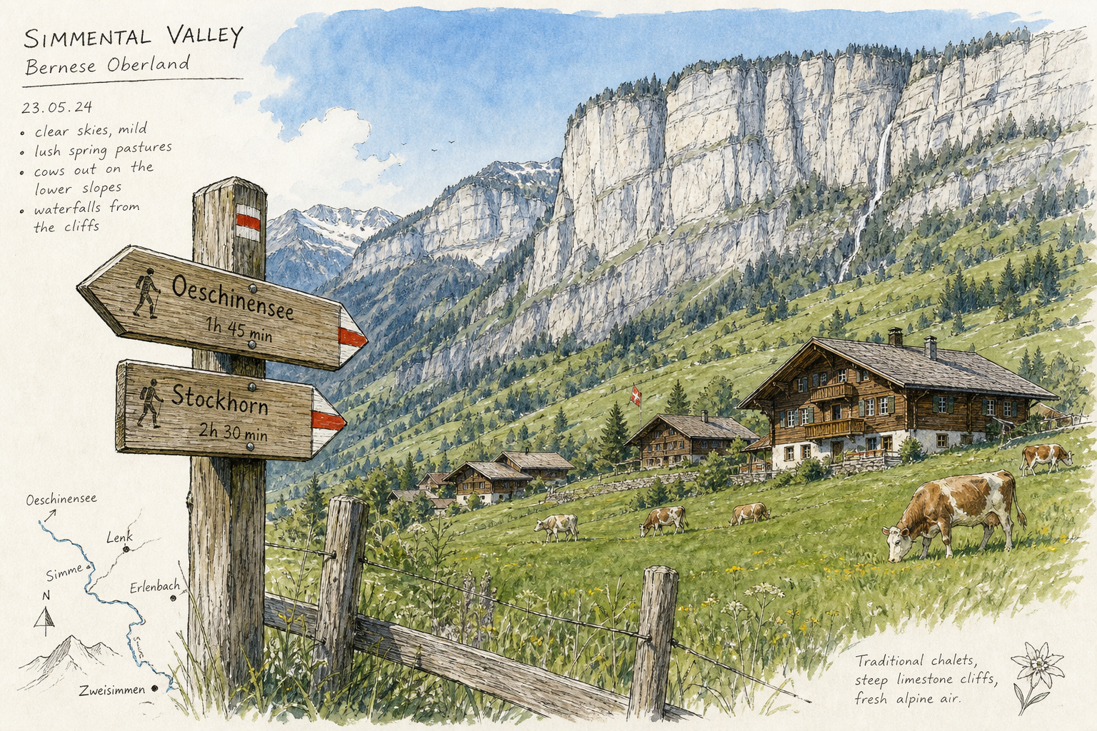 Illustration of traditional Swiss chalets and hiking trails in the Simmental Valley.