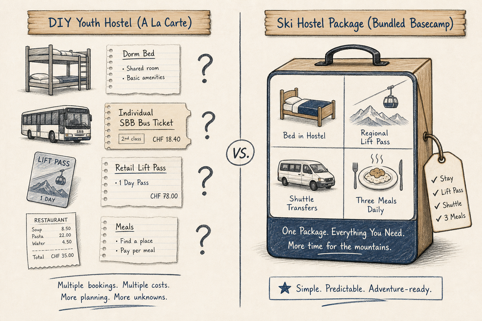 Side-by-side comparison diagram showing DIY hostel logistics versus all-inclusive ski hostel package amenities.
