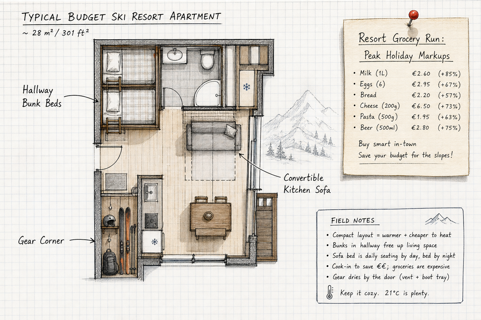 Technical floor plan sketch of a budget ski apartment showing tight sleeping arrangements and grocery notes.