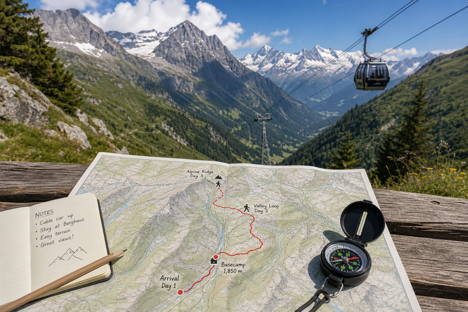 A beginner hiker walking on a well-marked, flat dirt trail in the Swiss Alps, looking at snow-capped peaks.
