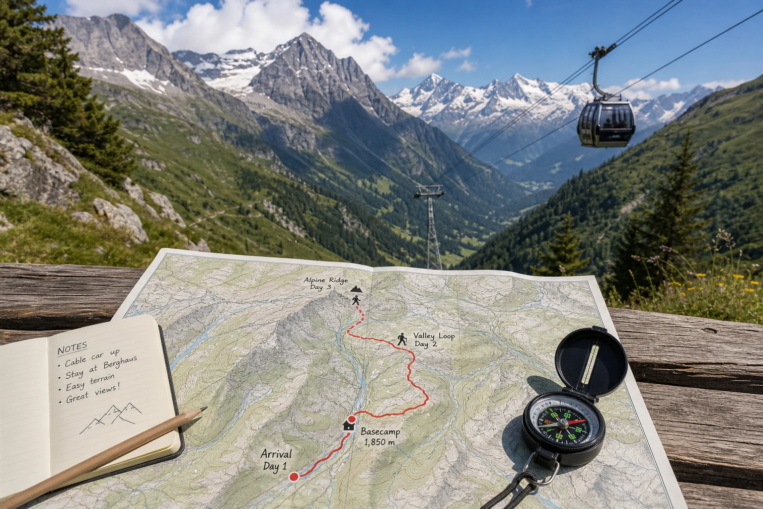 A beginner hiker walking on a well-marked, flat dirt trail in the Swiss Alps, looking at snow-capped peaks.