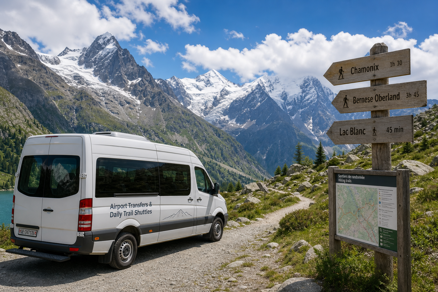 Hiker looking out over scenic Swiss Alps mountain valleys after a direct transfer from Geneva Airport.
