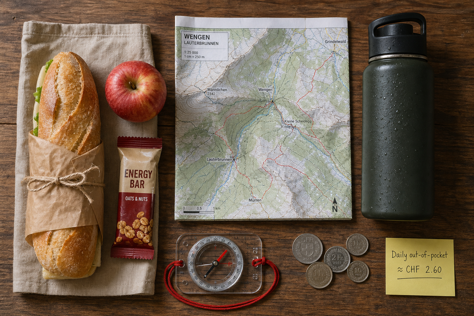 Flat lay of a hiker's daily items, showing the provided packed lunch alongside personal gear.