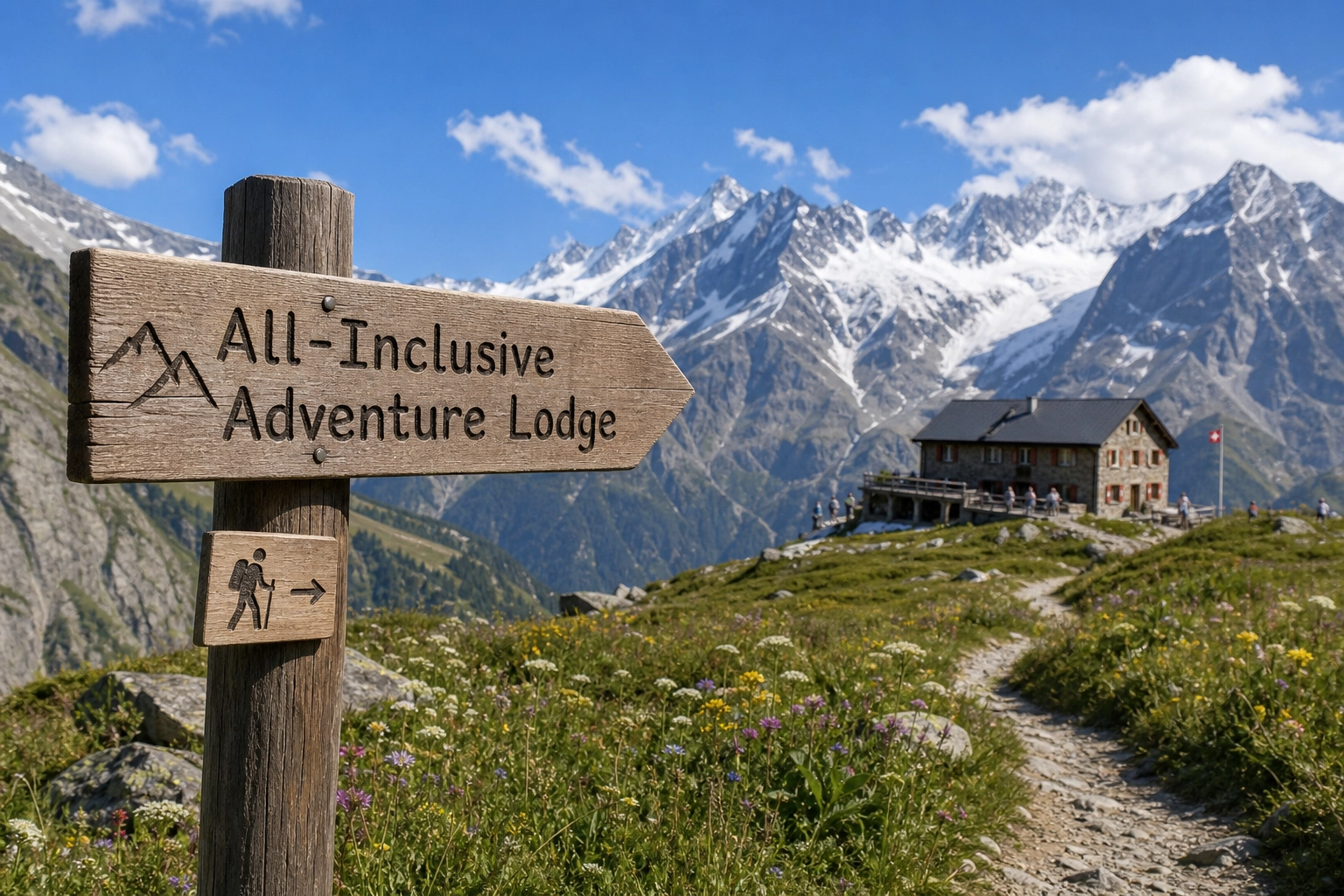 Hikers enjoying a community dinner outside a Swiss Alps adventure lodge in summer