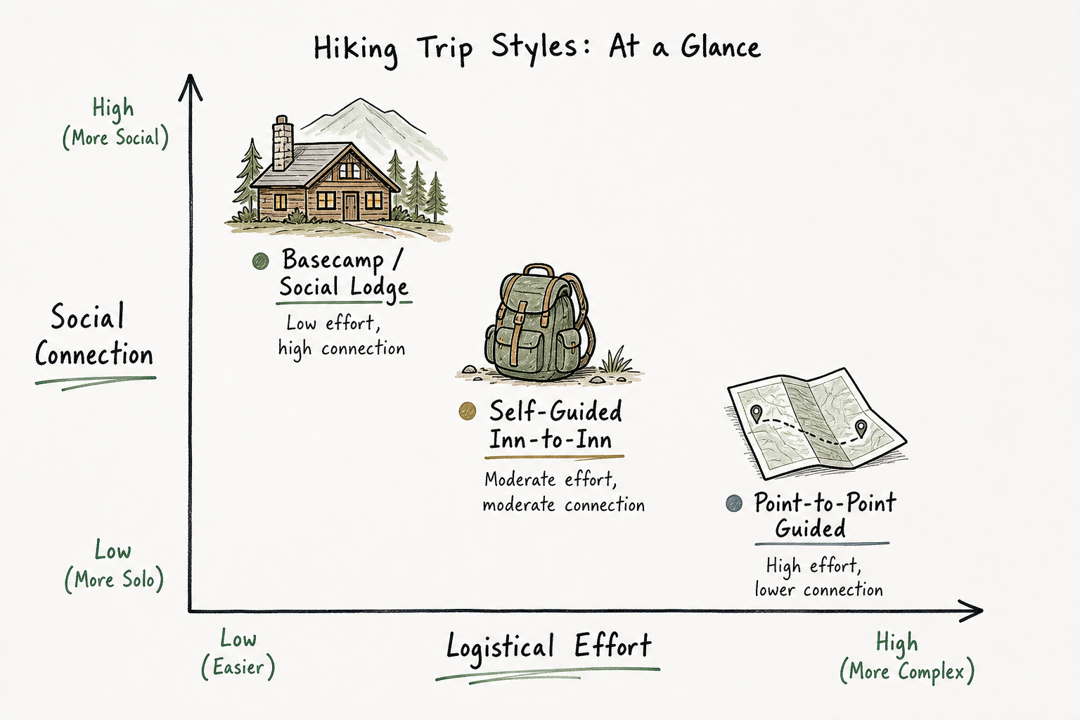 A diagram comparing point-to-point, self-guided, and basecamp hiking trip styles based on effort and social connection