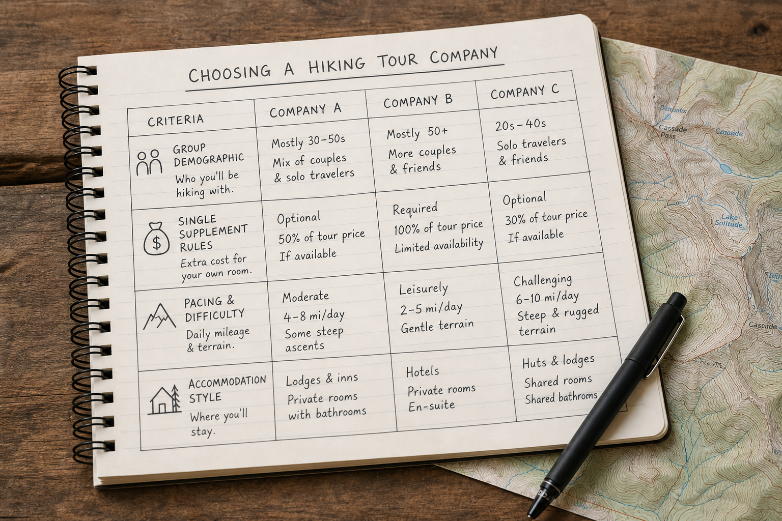 A notebook laying out the decision criteria for choosing a solo-friendly hiking tour company